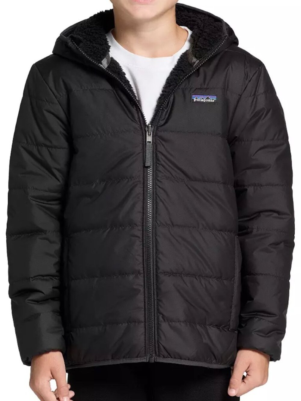 Patagonia Kids Hi-Loft Down Sweater Hoody Black Reversible L 12